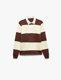 Uzun Kollu Üç İplik Şardonlu Düğmeli Çizgili Polo Yaka Sweatshirt