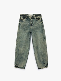 Cepli Düğmeli Normal Bel Rahat Kalıp Yıkamalı Balon Fit Barrel Denim Pantolon - Barrel Jeans