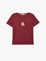 Ayıcık Nakışlı Slim Fit Pamuklu Bisiklet Yaka Kısa Kollu Tişört