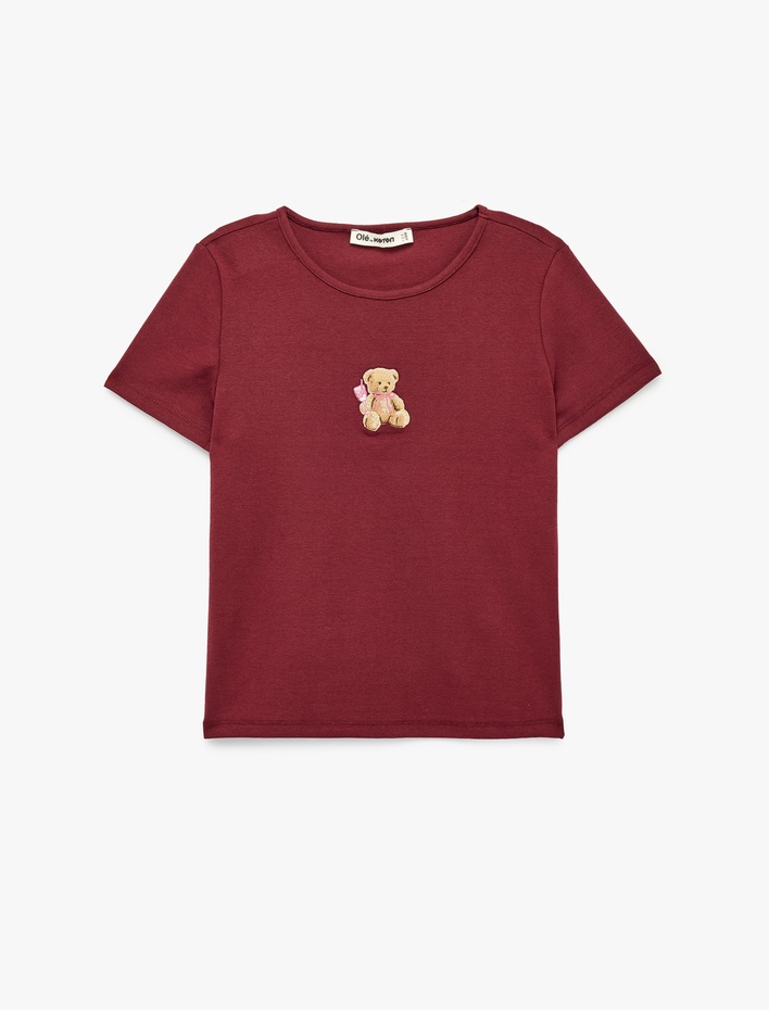  Ayıcık Nakışlı Slim Fit Pamuklu Bisiklet Yaka Kısa Kollu Tişört