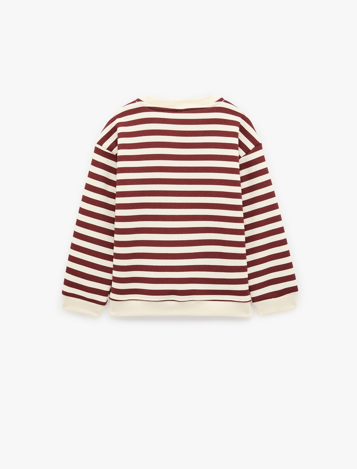 Erkek Bebek Kedi Nakışlı Şardonlu Bisiklet Yaka Uzun Kollu Oversize Çizgili Sweatshirt
