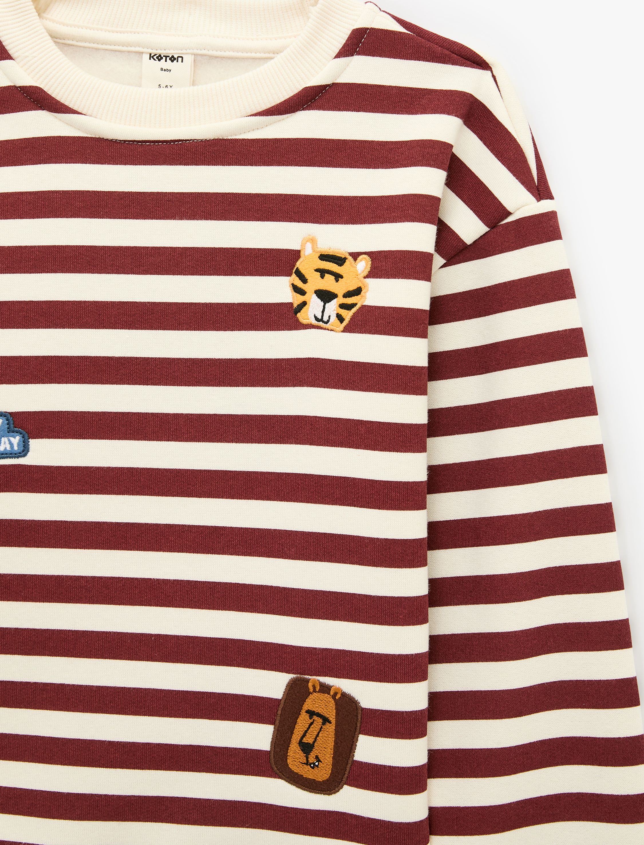  Erkek Bebek Kedi Nakışlı Şardonlu Bisiklet Yaka Uzun Kollu Oversize Çizgili Sweatshirt