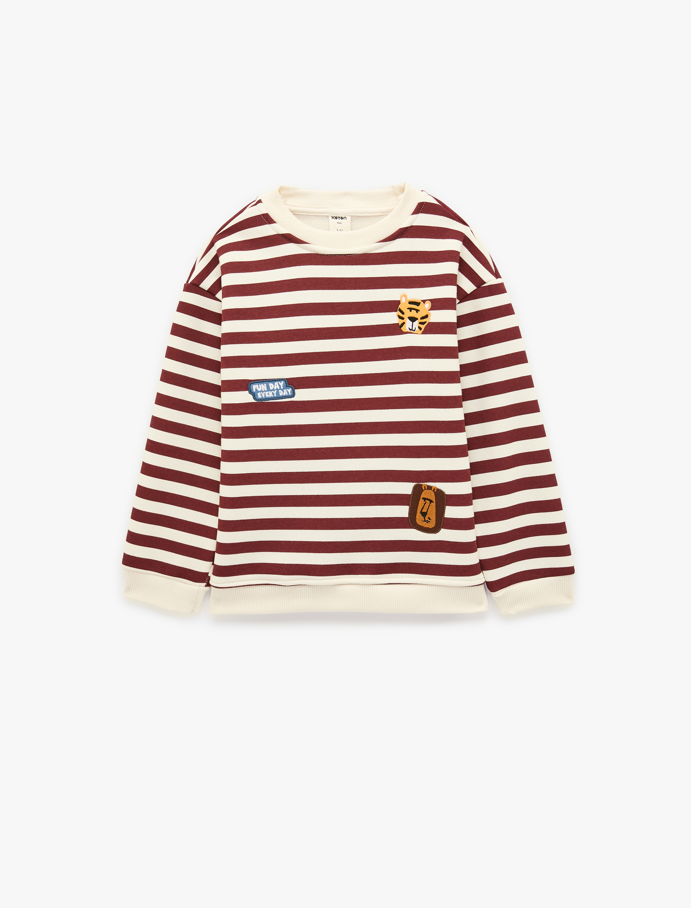  Erkek Bebek Kedi Nakışlı Şardonlu Bisiklet Yaka Uzun Kollu Oversize Çizgili Sweatshirt