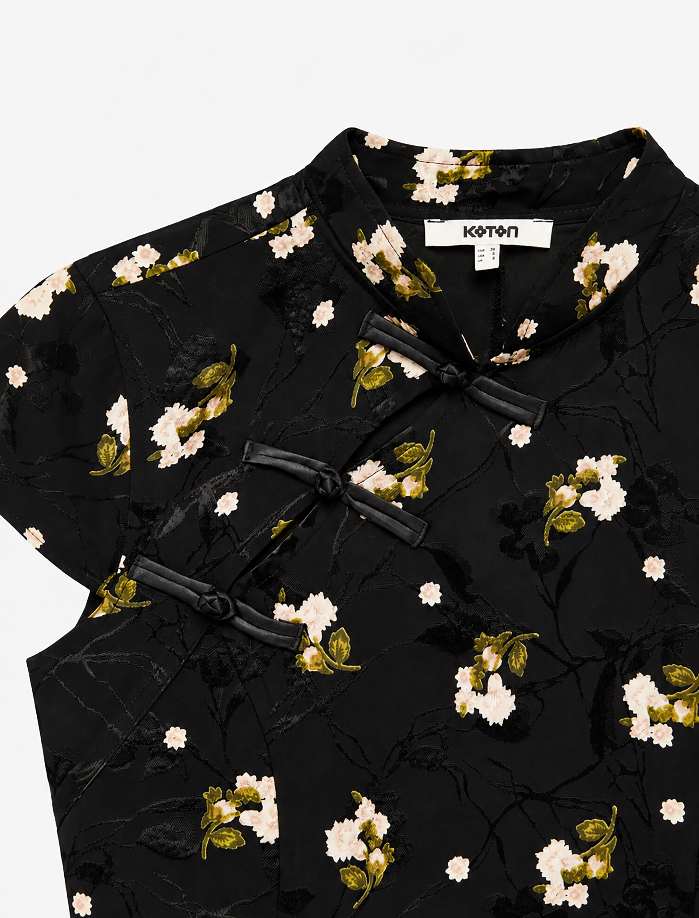   Süslü Düğmeli Kısa Kollu Çiçek Desenli Dik Qipao Yaka Crop Bluz
