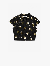 Süslü Düğmeli Kısa Kollu Çiçek Desenli Dik Qipao Yaka Crop Bluz