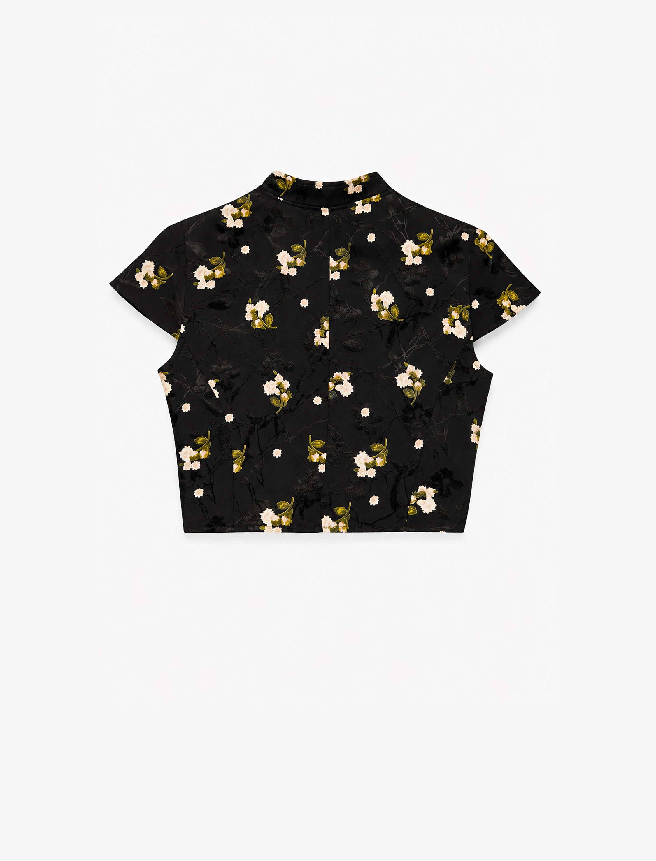   Süslü Düğmeli Kısa Kollu Çiçek Desenli Dik Qipao Yaka Crop Bluz