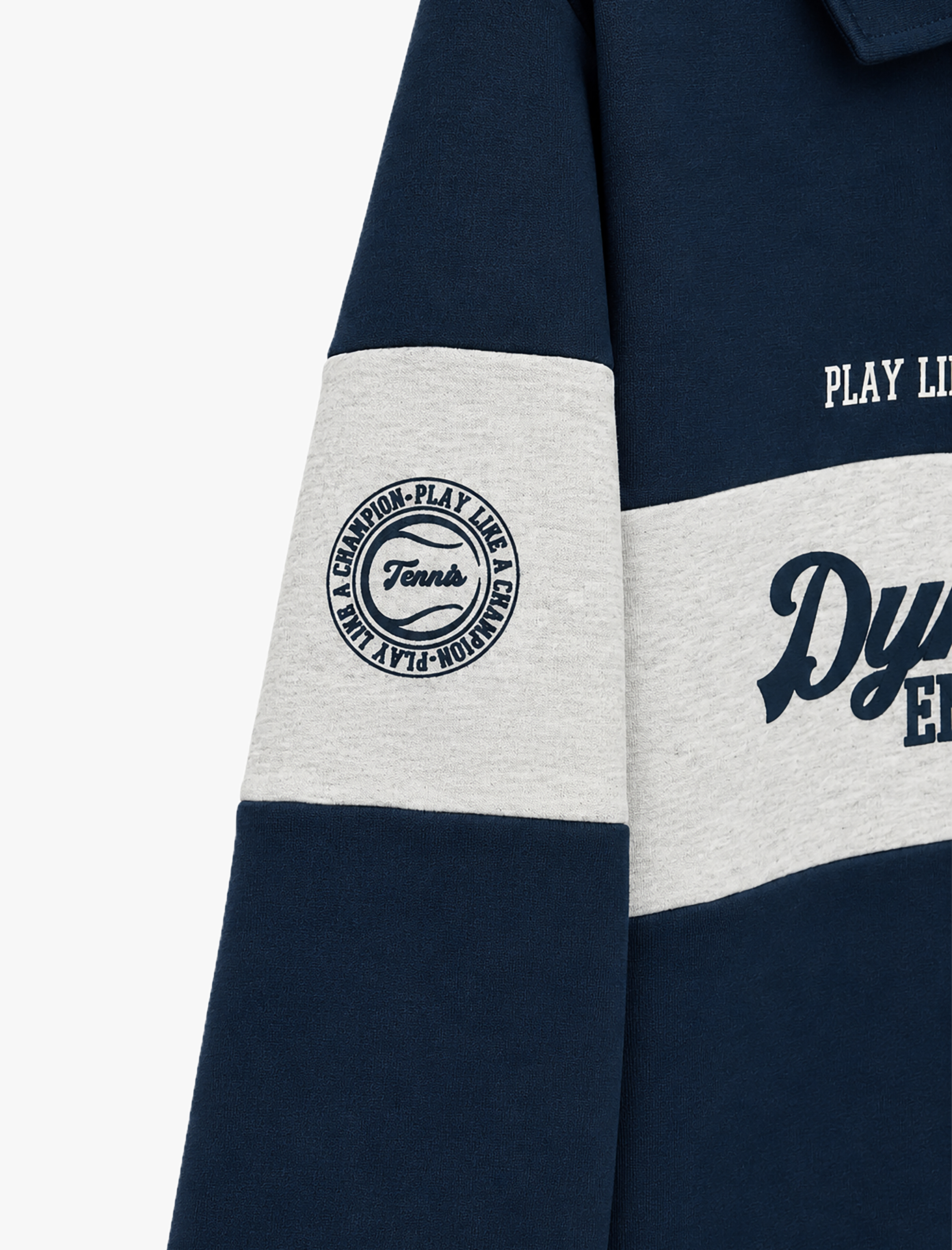   Uzun Kollu Üç İplik Şardonlu Renk Bloklu Yarım Fermuarlı Polo Yaka Baskılı Sweatshirt