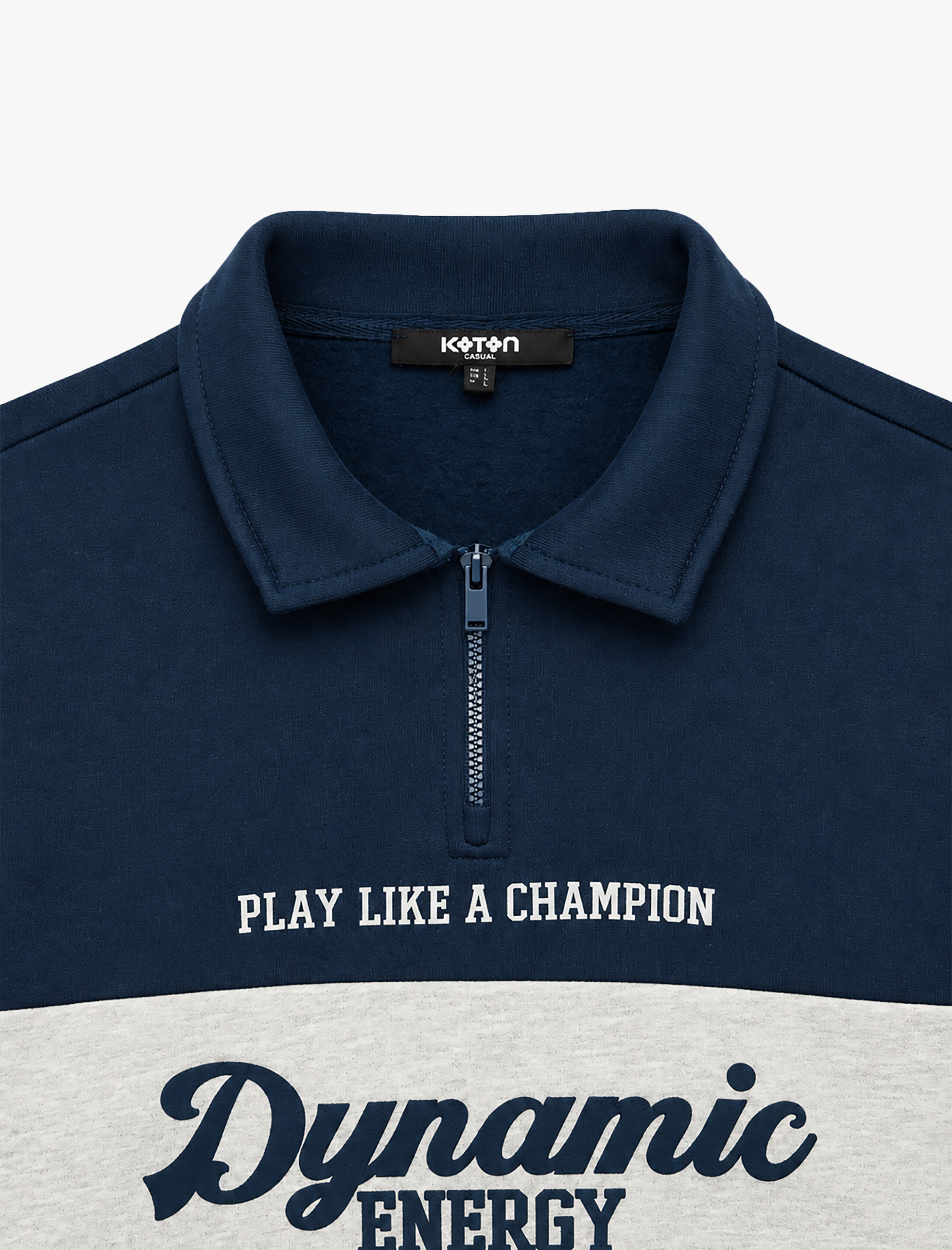   Uzun Kollu Üç İplik Şardonlu Renk Bloklu Yarım Fermuarlı Polo Yaka Baskılı Sweatshirt