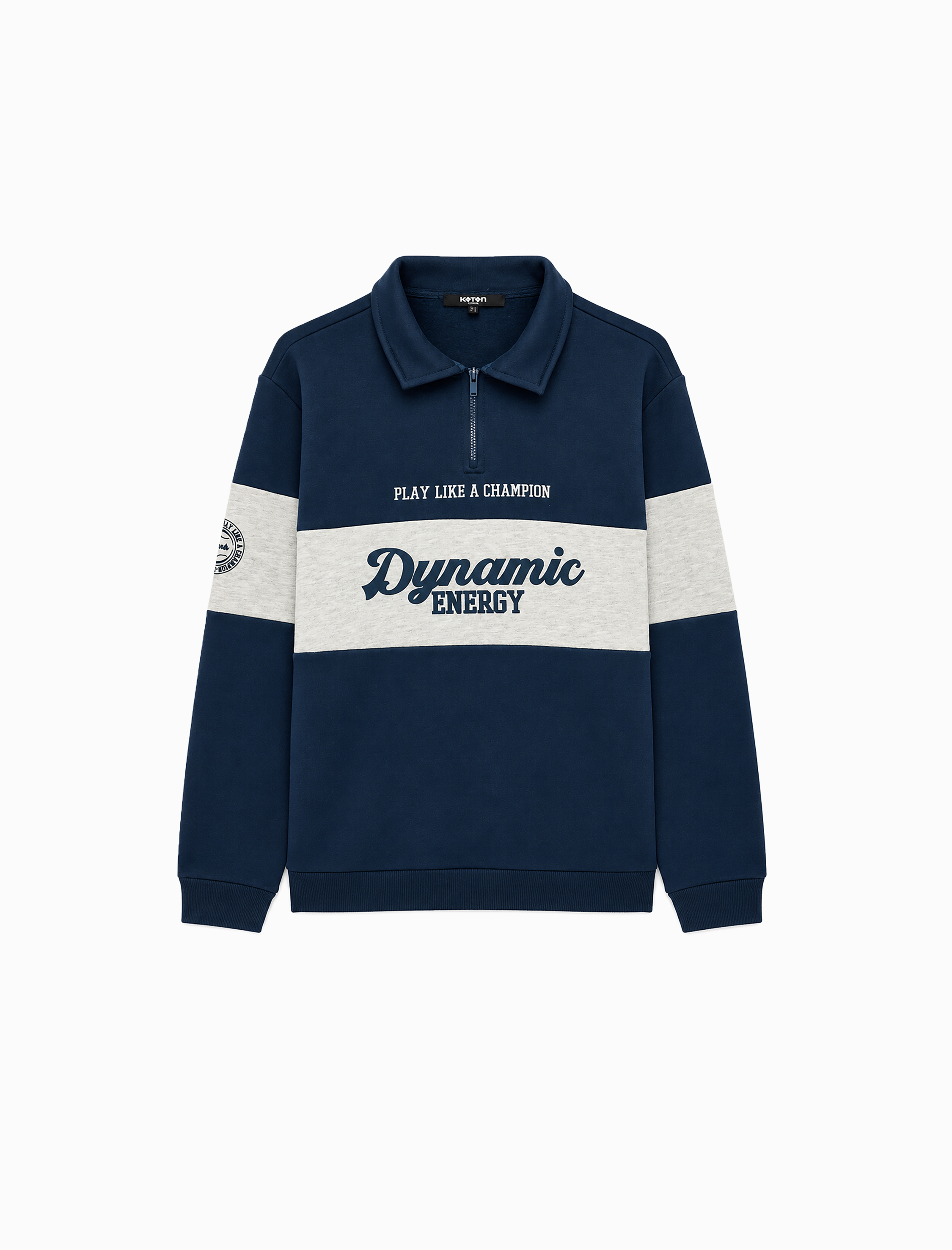   Uzun Kollu Üç İplik Şardonlu Renk Bloklu Yarım Fermuarlı Polo Yaka Baskılı Sweatshirt