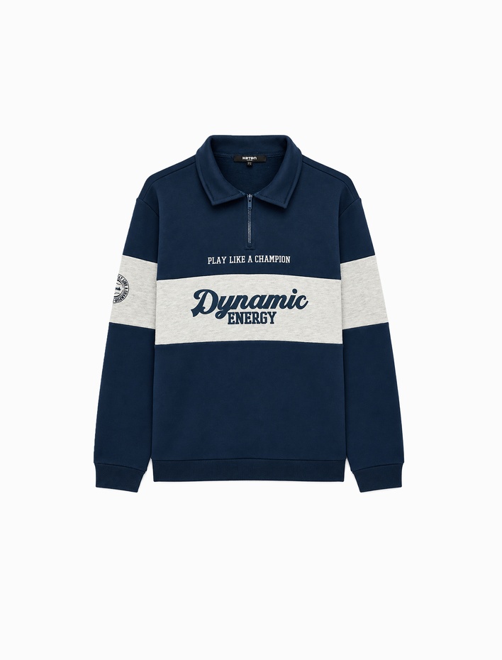  Uzun Kollu Üç İplik Şardonlu Renk Bloklu Yarım Fermuarlı Polo Yaka Baskılı Sweatshirt