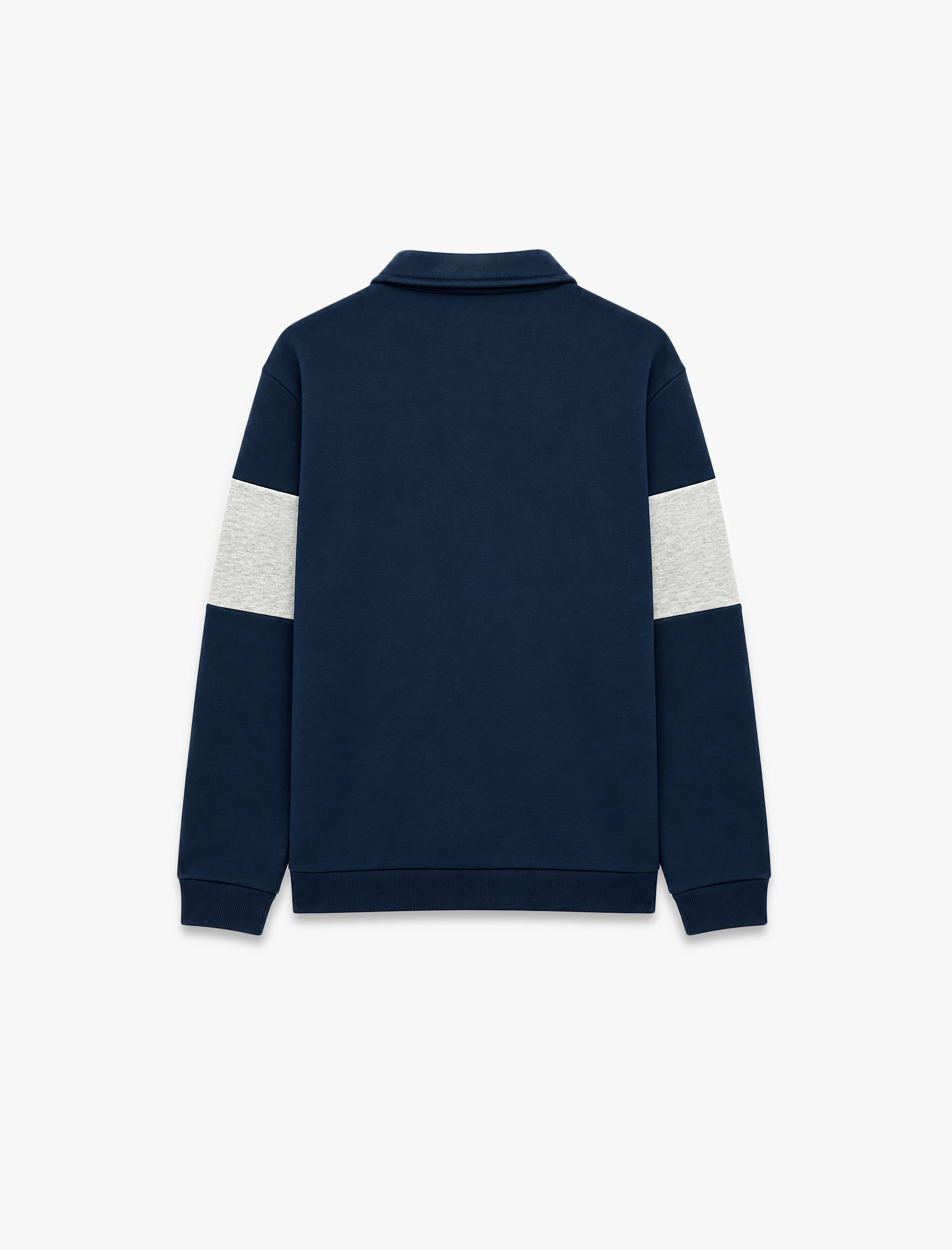   Uzun Kollu Üç İplik Şardonlu Renk Bloklu Yarım Fermuarlı Polo Yaka Baskılı Sweatshirt