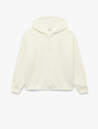 Rahat Kalıp Şardonlu Kapüşonlu Uzun Kollu Fermuarlı Taşlı Sweatshirt