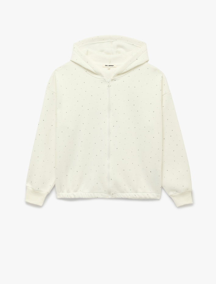  Rahat Kalıp Şardonlu Kapüşonlu Uzun Kollu Fermuarlı Taşlı Sweatshirt