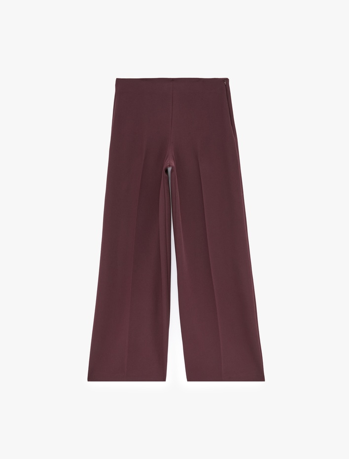  Yüksek Bel Fermuarlı Krep Kumaş Pileli Geniş Paça Pantolon