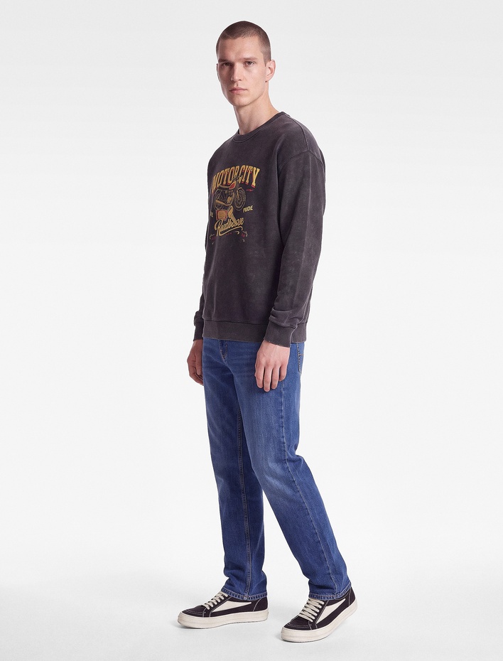  Üç İplik Şardonlu Yıkamalı Bisiklet Yaka Oversize Baskılı Sweatshirt