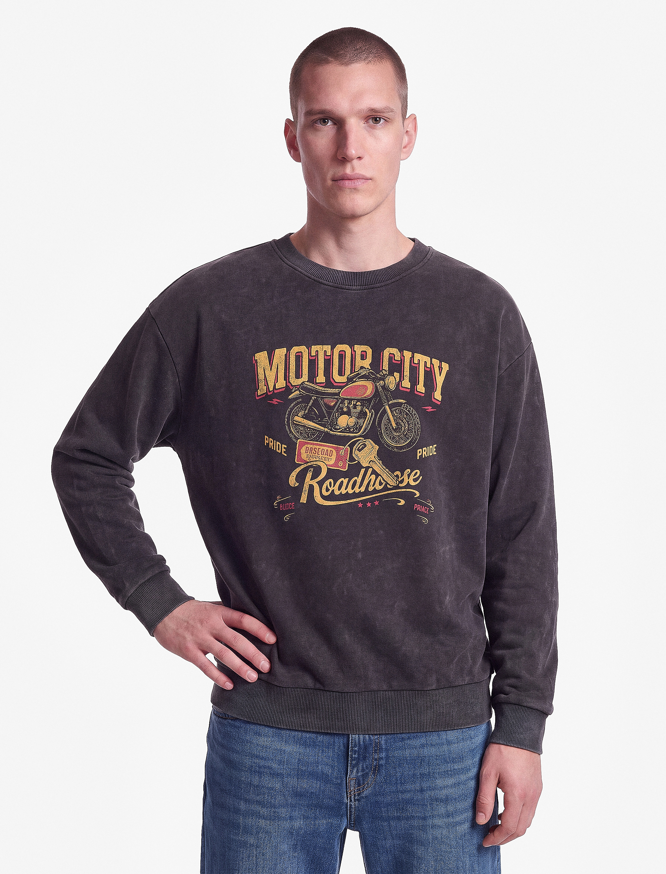   Üç İplik Şardonlu Yıkamalı Bisiklet Yaka Oversize Baskılı Sweatshirt