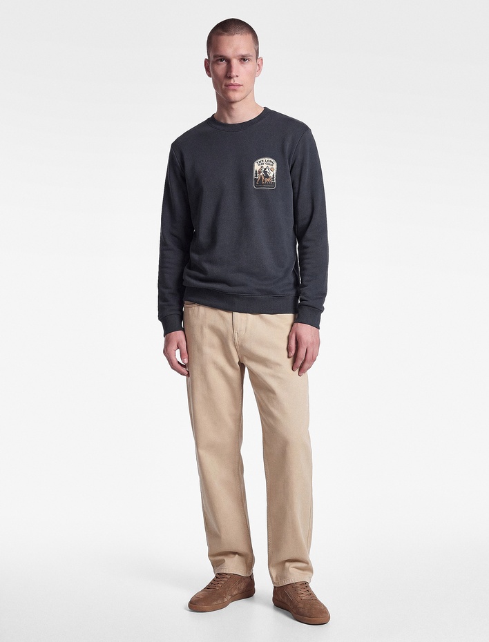  Regular Fit Üç İplik Şardonlu Uzun Kollu Bisiklet Yaka Baskılı Sweatshirt