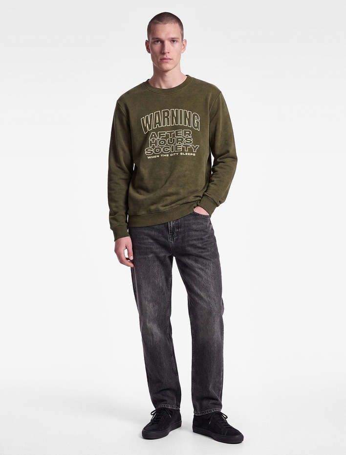  Uzun Kollu Şardonlu Bisiklet Yaka Yıkamalı Baskılı Sweatshirt