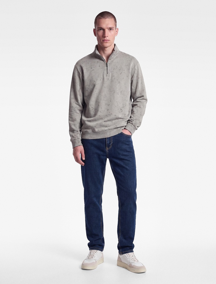  Şardonlu Rahat Kalıp Yıkamalı Uzun Kollu Yarım Fermuarlı Sweatshirt