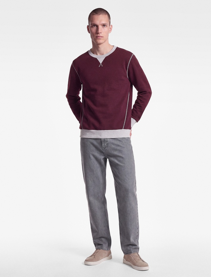  Şardonlu Renk Kontrastlı Dikiş Detaylı Bisiklet Yaka Sweatshirt