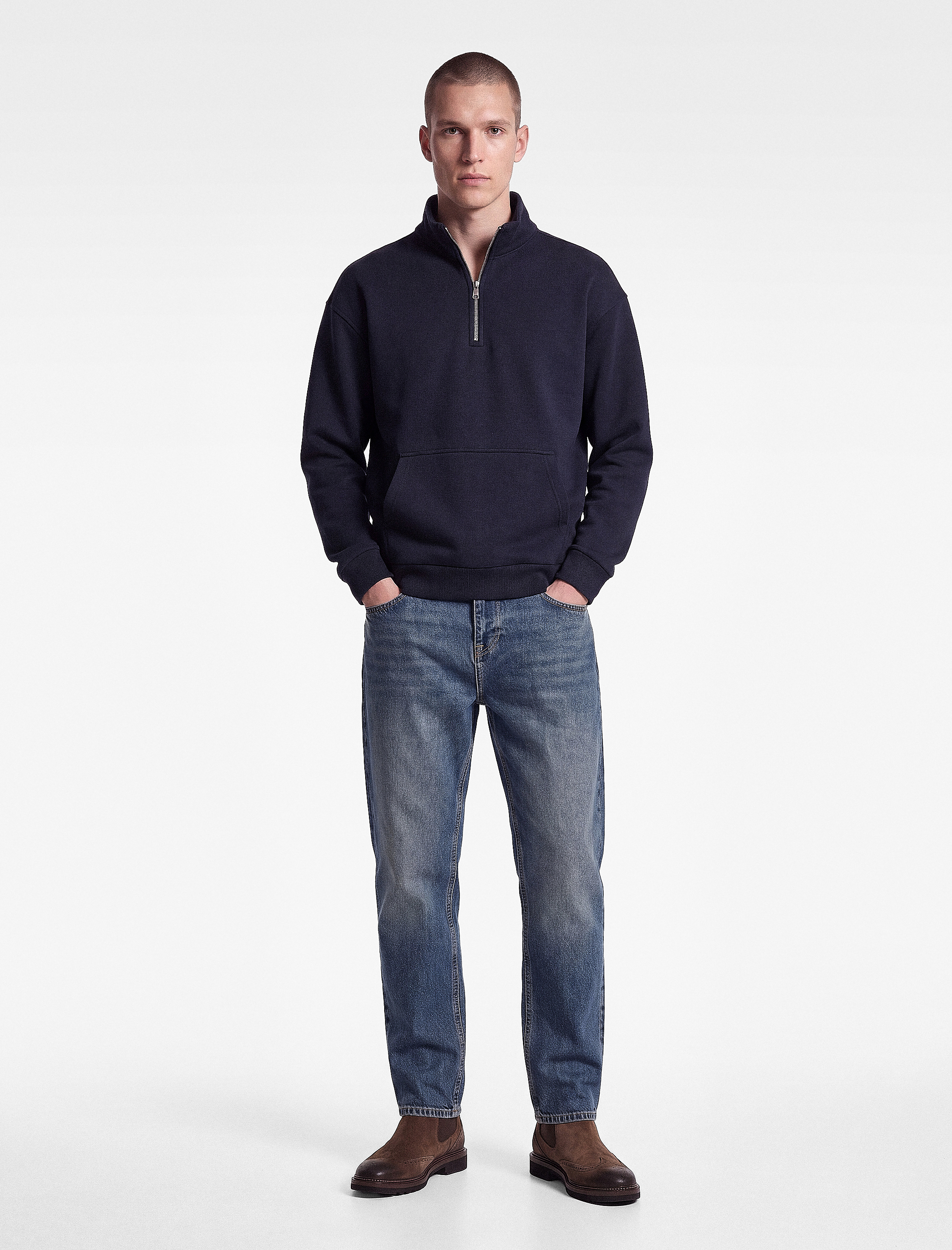   Uzun Kollu Üç İplik Şardonlu Yarım Fermuarlı Sweatshirt