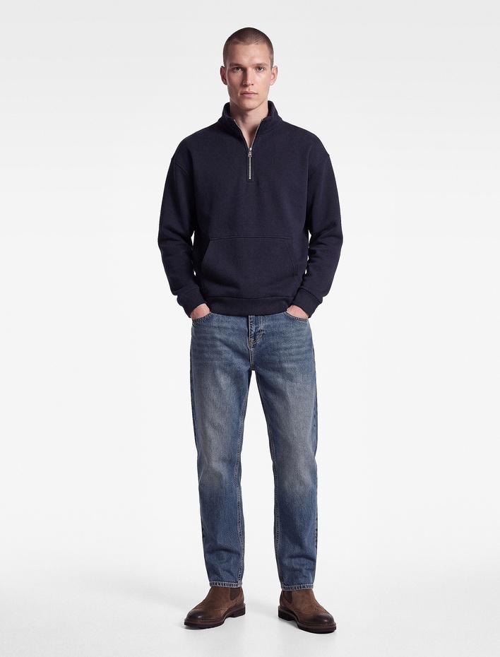  Uzun Kollu Üç İplik Şardonlu Yarım Fermuarlı Sweatshirt