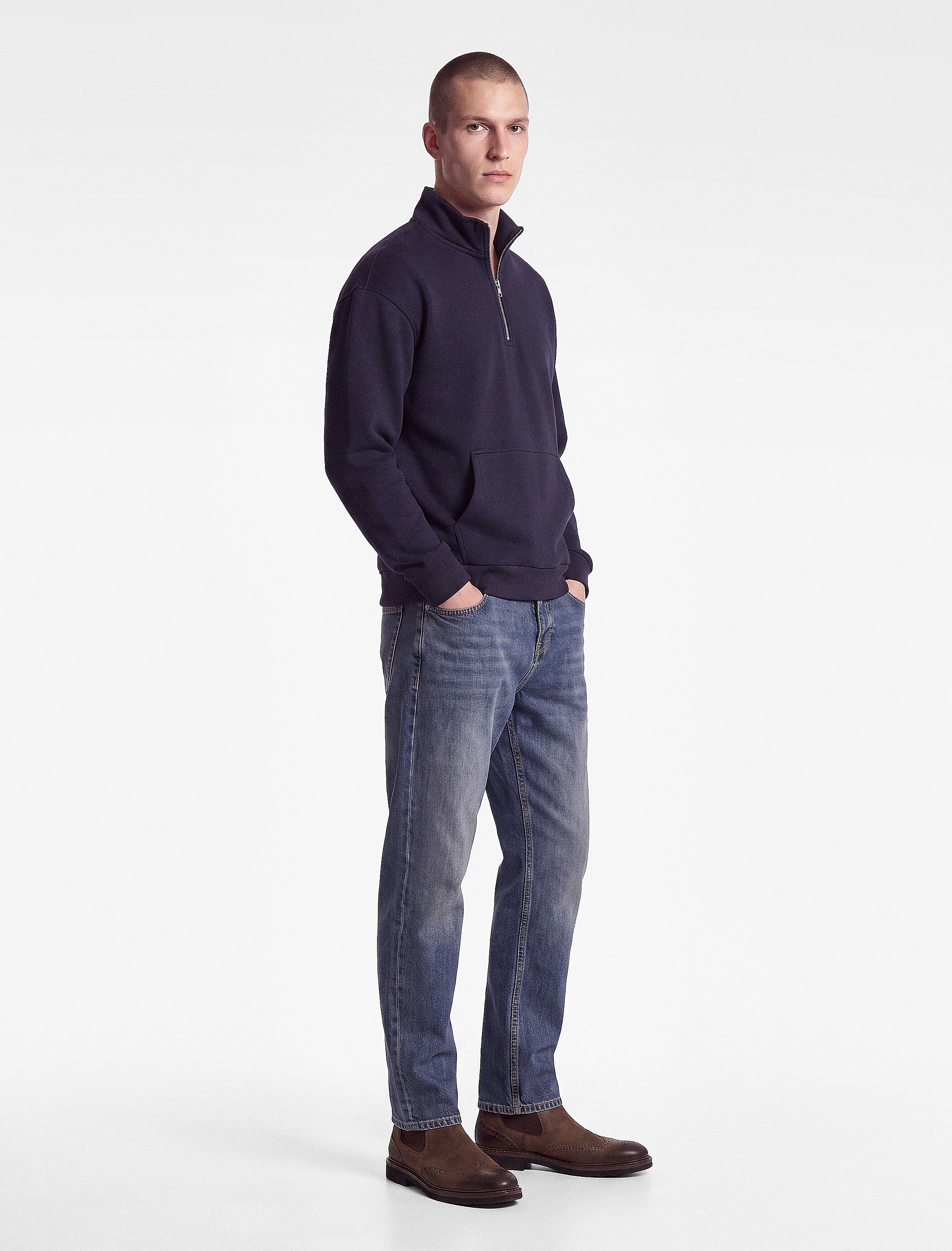   Uzun Kollu Üç İplik Şardonlu Yarım Fermuarlı Sweatshirt
