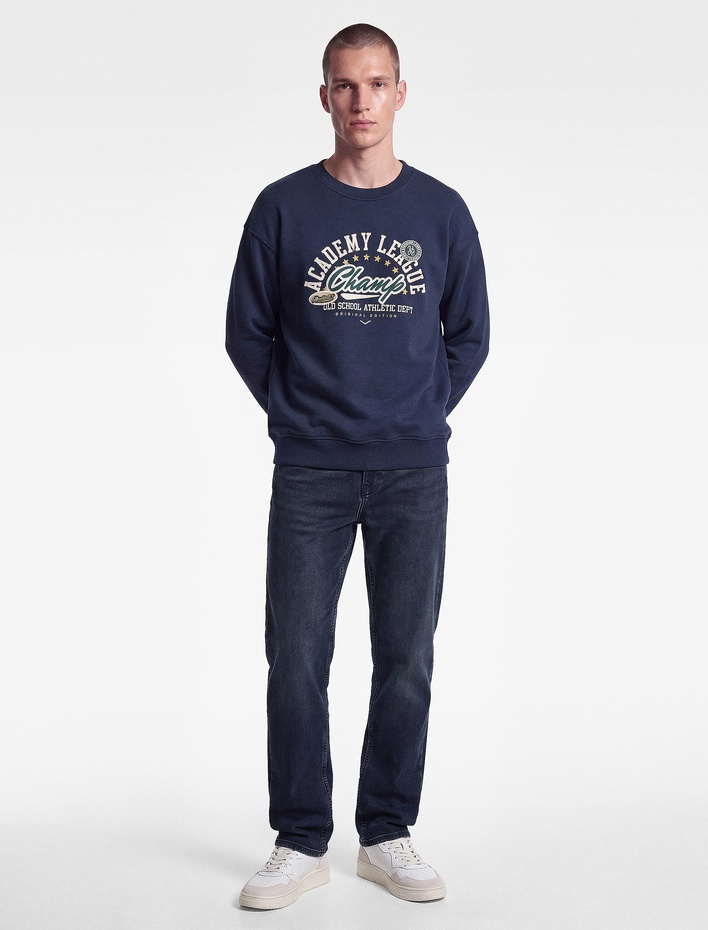  Şardonlu Oversize Bisiklet Yaka Uzun Kollu Baskılı Sweatshirt