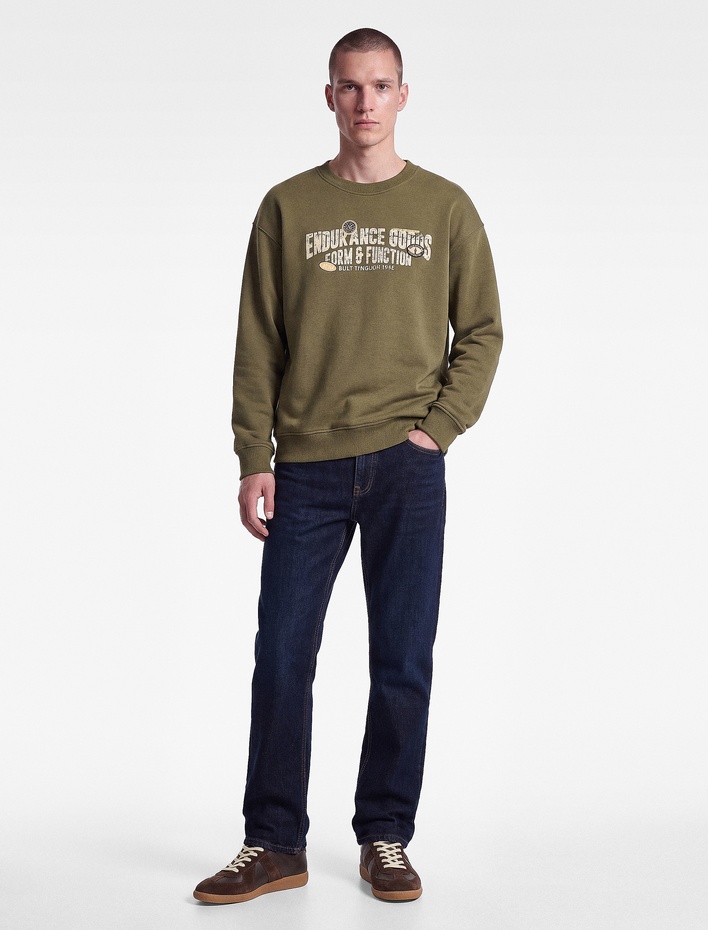  Rahat Kalıp Şardonlu Uzun Kollu Bisiklet Yaka Baskılı Sweatshirt