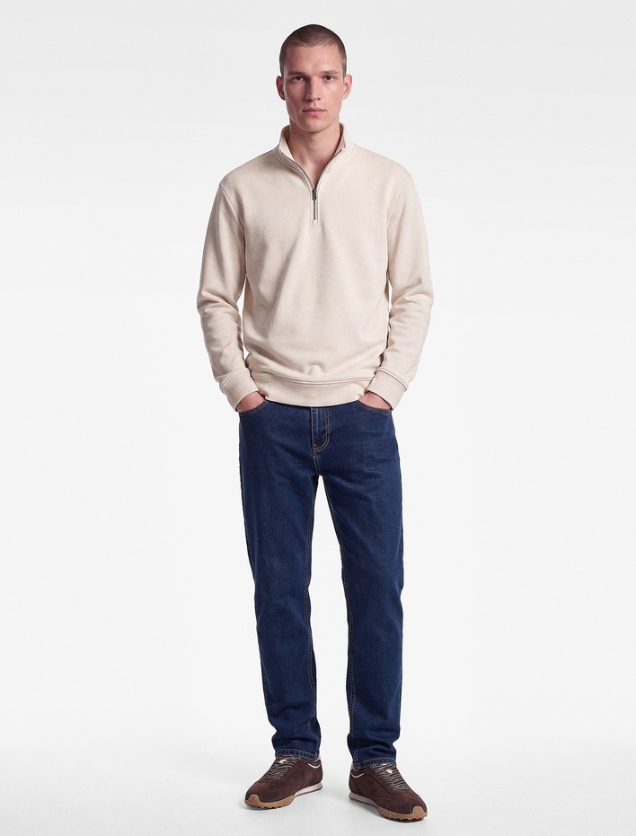  Uzun Kollu Üç İplik Şardonlu Pamuklu Yarım Fermuarlı Sweatshirt