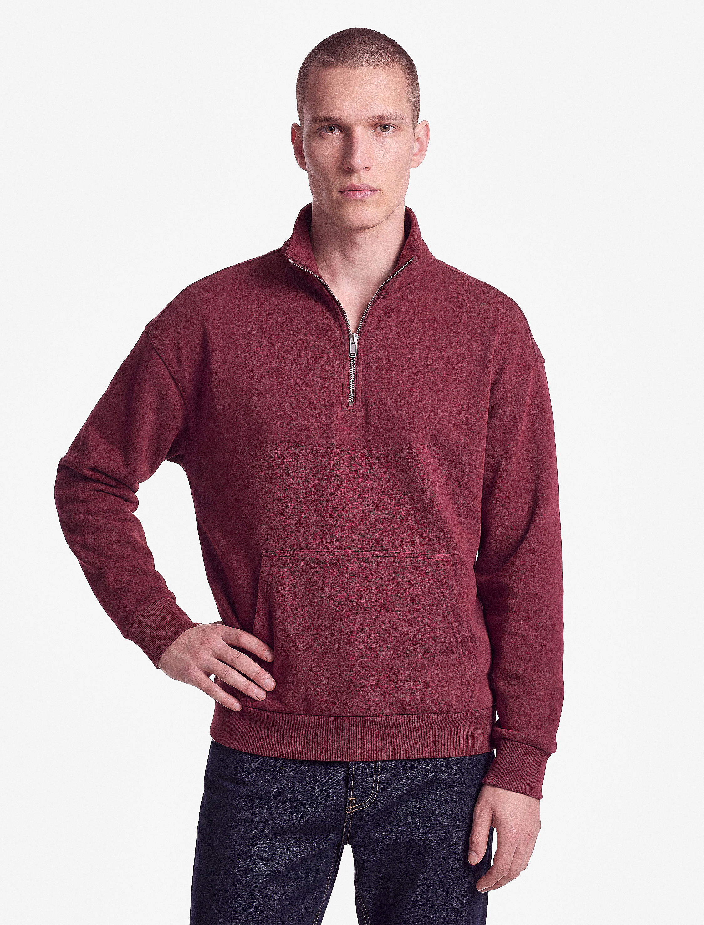  Uzun Kollu Üç İplik Şardonlu Yarım Fermuarlı Sweatshirt