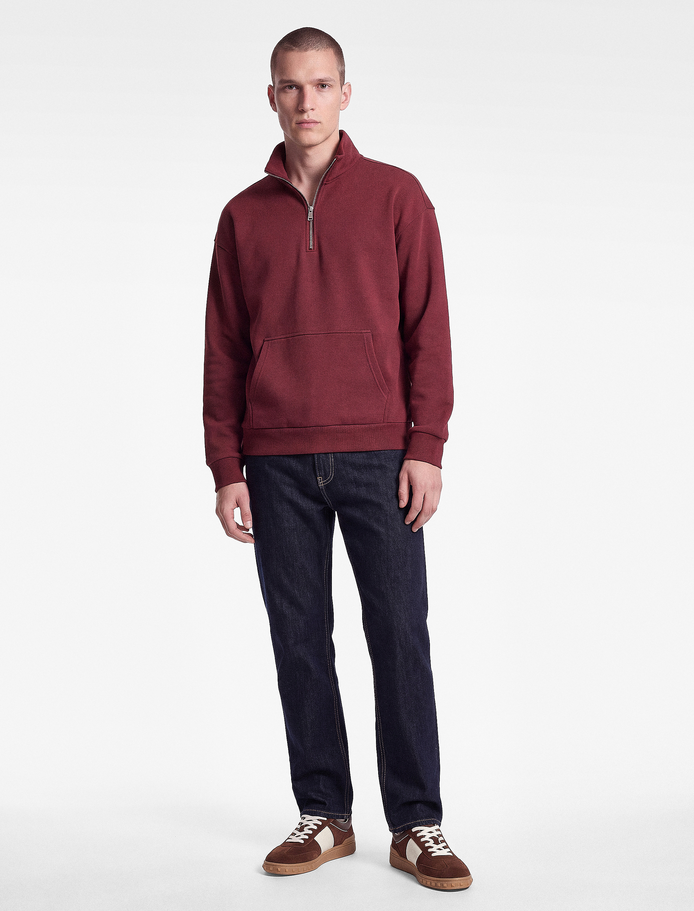   Uzun Kollu Üç İplik Şardonlu Yarım Fermuarlı Sweatshirt