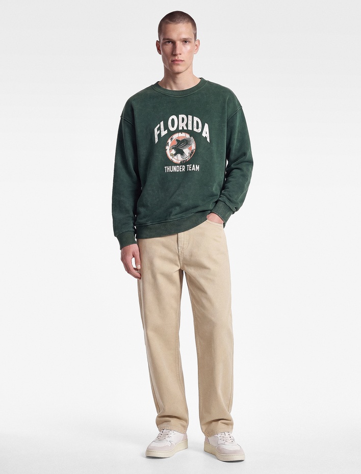  Uzun Kollu Yıkamalı Şardonlu Bisiklet Yaka Oversize Baskılı Sweatshirt