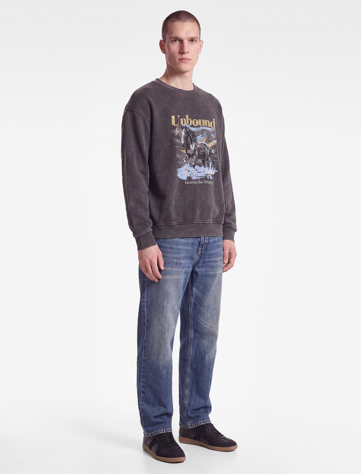  Şardonlu Bisiklet Yaka Uzun Kollu Oversize Yıkamalı Baskılı Sweatshirt