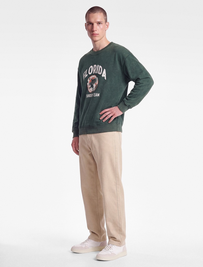  Uzun Kollu Yıkamalı Şardonlu Bisiklet Yaka Oversize Baskılı Sweatshirt
