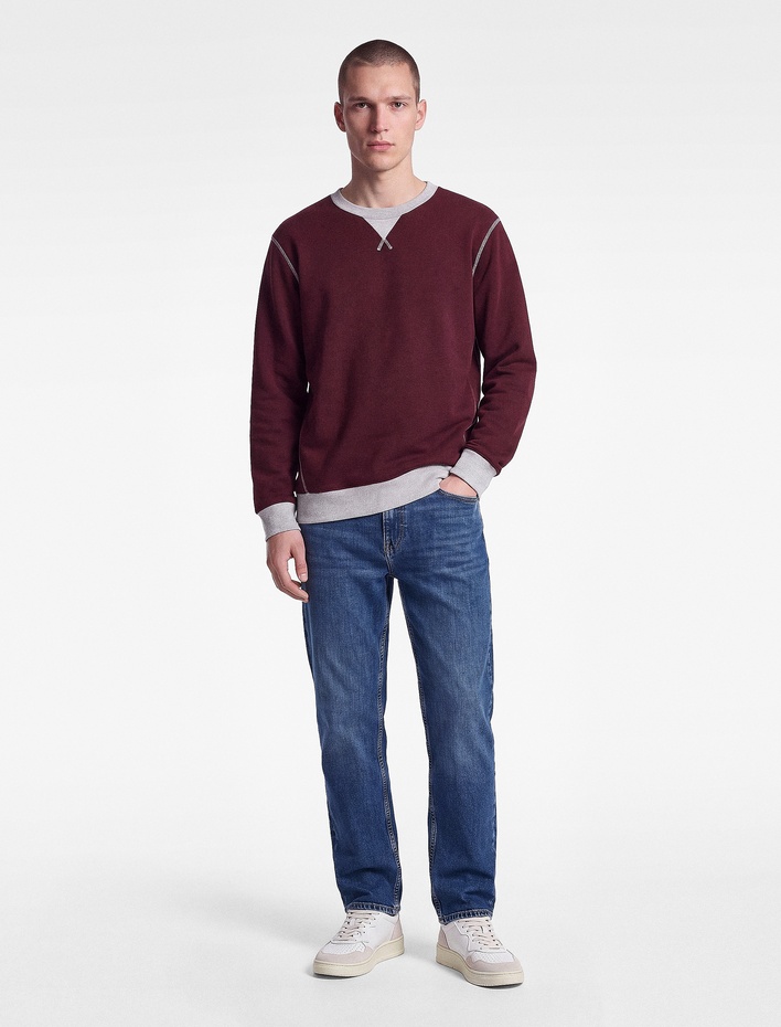  Şardonlu Renk Kontrastlı Dikiş Detaylı Bisiklet Yaka Sweatshirt