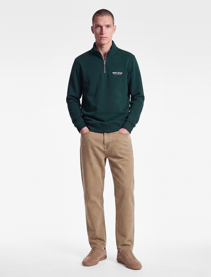  Uzun Kollu Üç İplik Şardonlu Yarım Fermuarlı Baskılı Sweatshirt