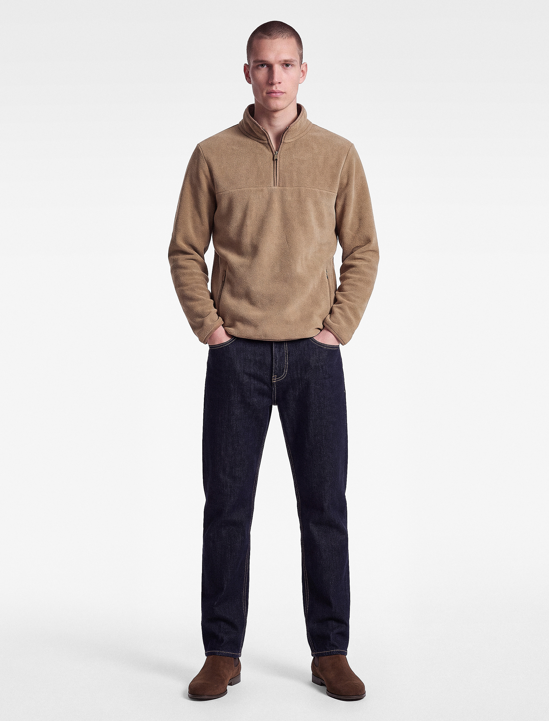   Uzun Kollu Dikiş Detaylı Yarım Fermuarlı Polar Sweatshirt