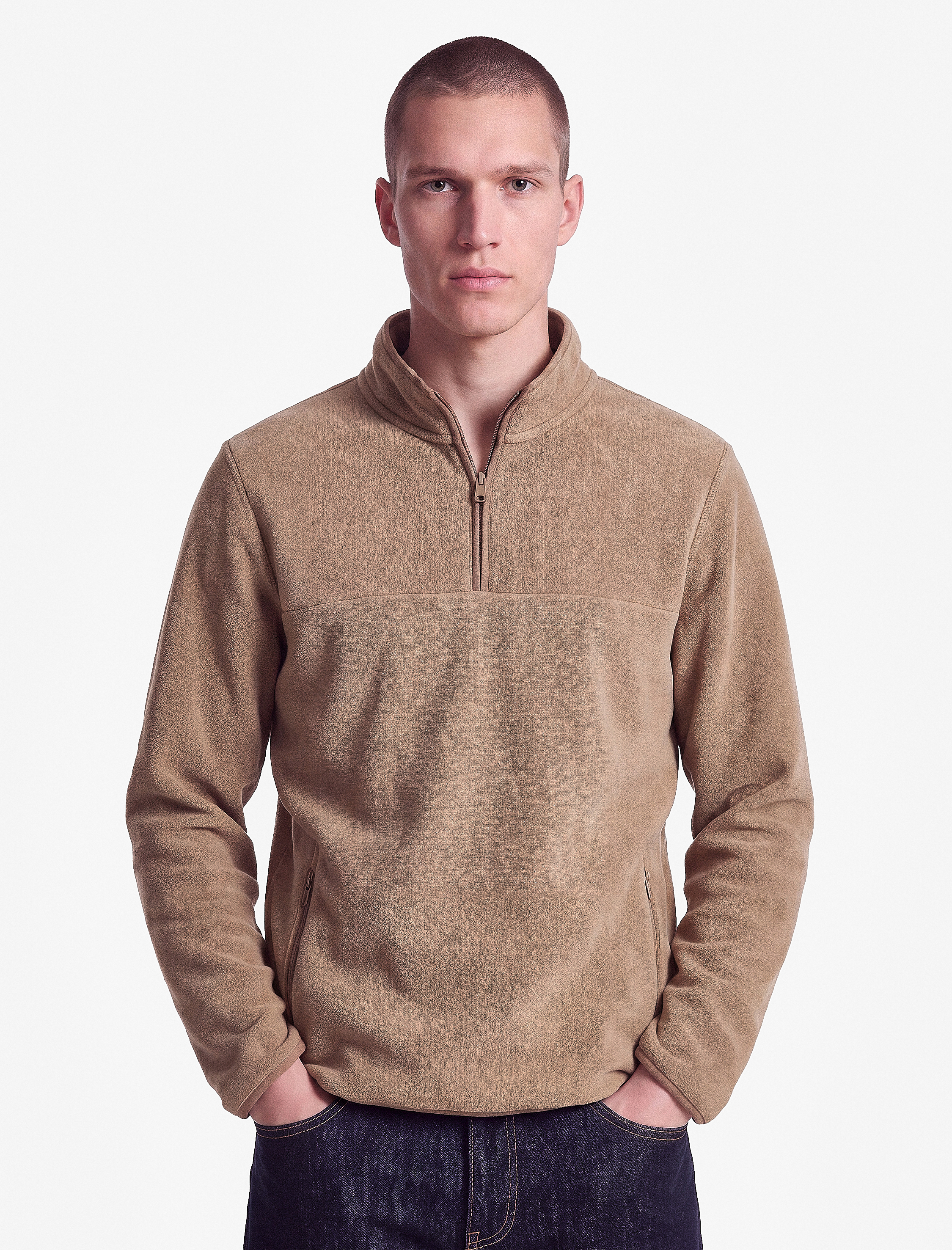   Uzun Kollu Dikiş Detaylı Yarım Fermuarlı Polar Sweatshirt