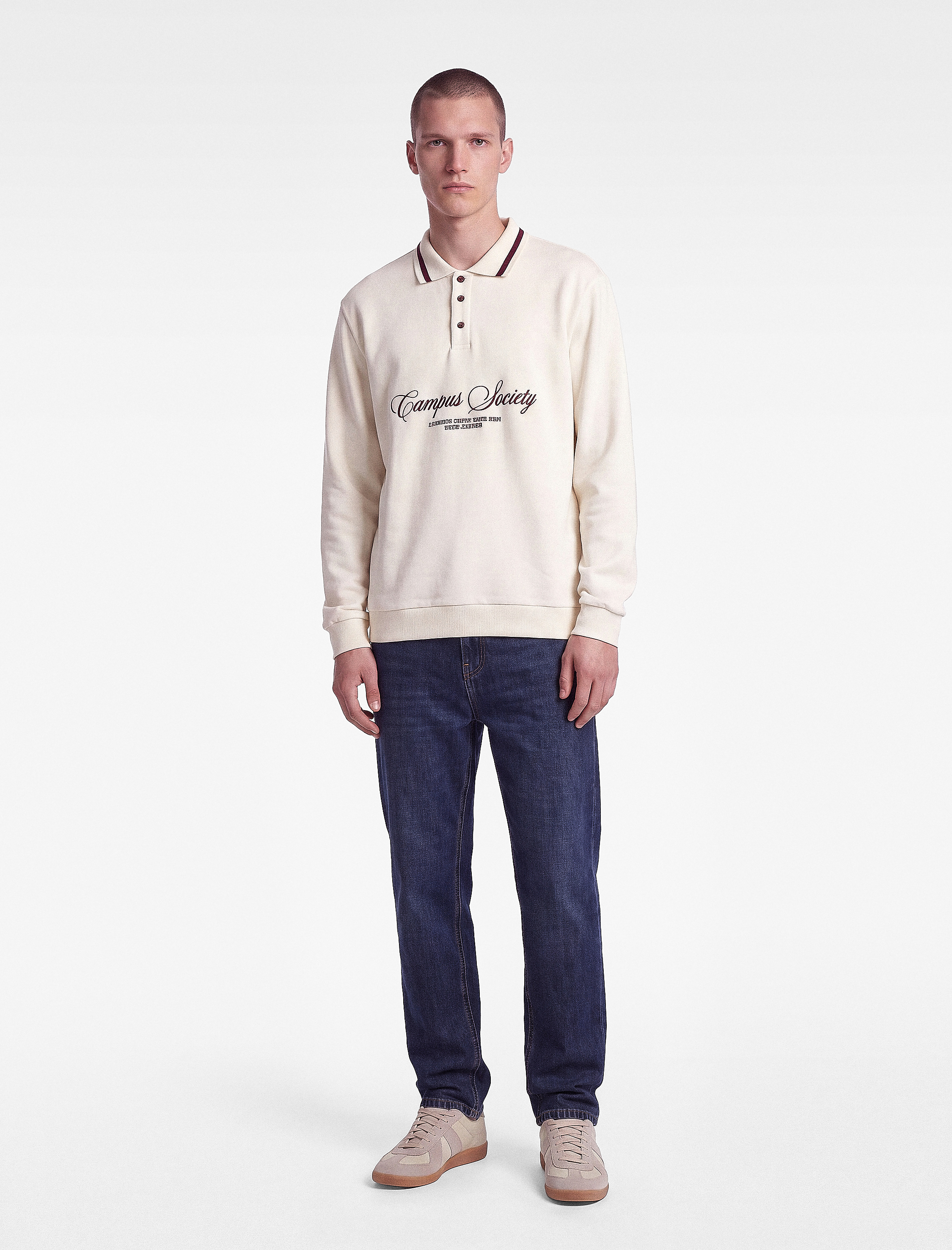   Uzun Kollu Şardonlu Nakışlı Renk Kontrastlı Düğmeli Polo Yaka Sweatshirt