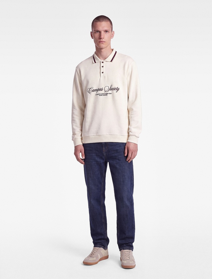 Uzun Kollu Şardonlu Nakışlı Renk Kontrastlı Düğmeli Polo Yaka Sweatshirt