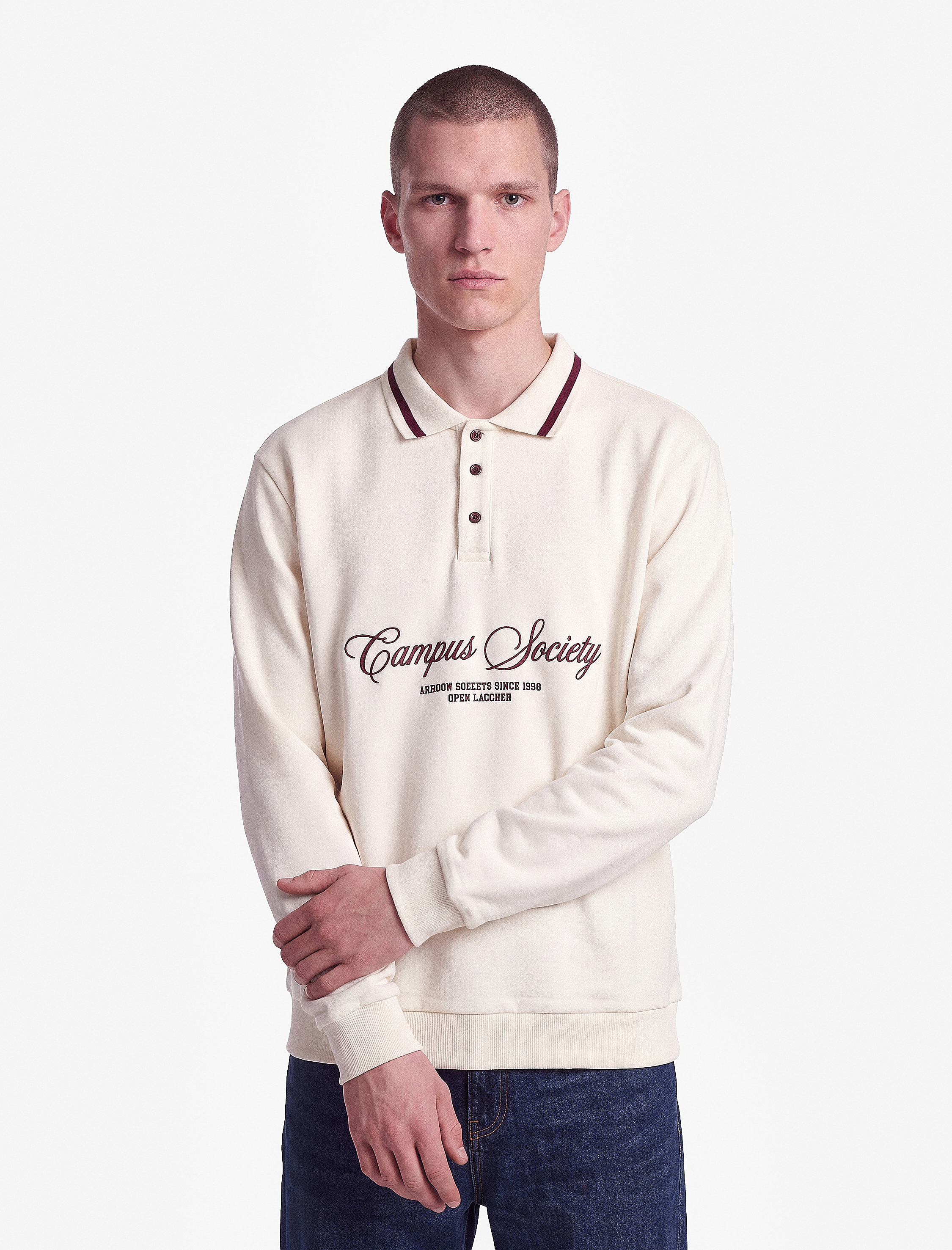   Uzun Kollu Şardonlu Nakışlı Renk Kontrastlı Düğmeli Polo Yaka Sweatshirt