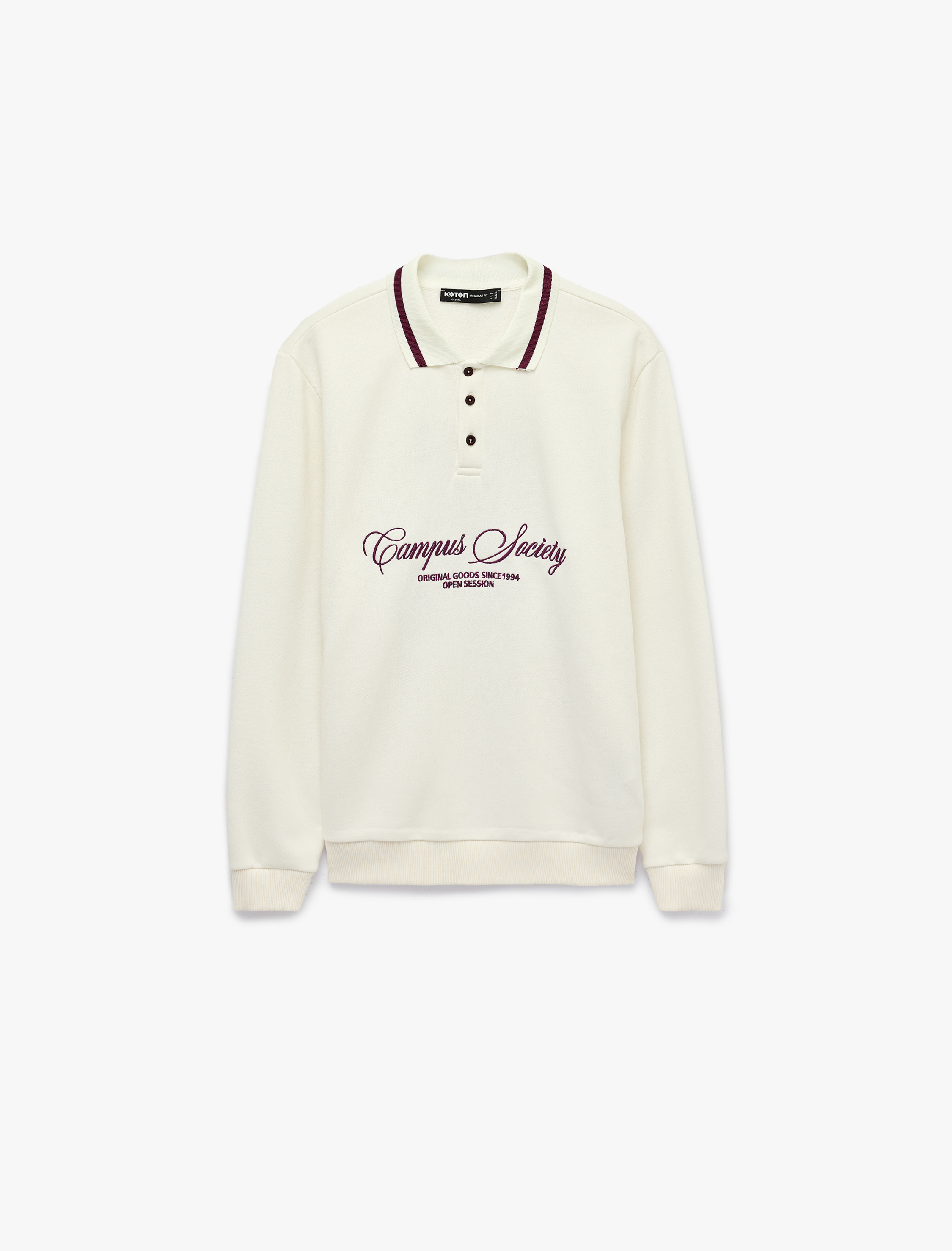  Uzun Kollu Şardonlu Nakışlı Renk Kontrastlı Düğmeli Polo Yaka Sweatshirt
