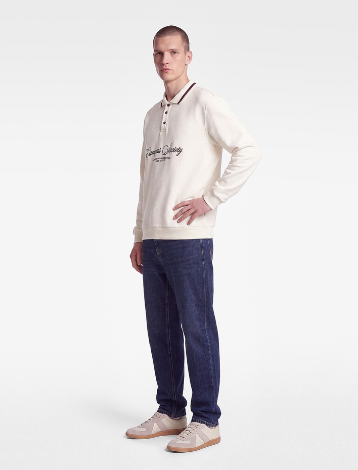  Uzun Kollu Şardonlu Nakışlı Renk Kontrastlı Düğmeli Polo Yaka Sweatshirt