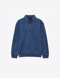 Şardonlu Rahat Kalıp Yıkamalı Uzun Kollu Yarım Fermuarlı Sweatshirt