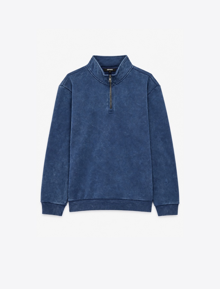  Şardonlu Rahat Kalıp Yıkamalı Uzun Kollu Yarım Fermuarlı Sweatshirt