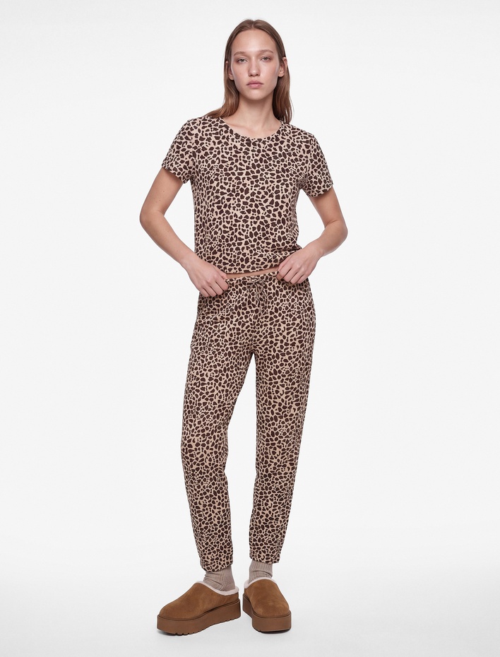  Leopar Desenli Rahat Kesim Bisiklet Yaka Kısa Kollu Pijama Üstü