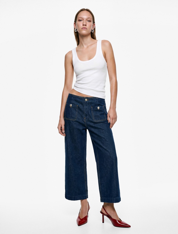  Pamuklu Cepli Normal Bel Culotte Pantolon - Culotte Jeans