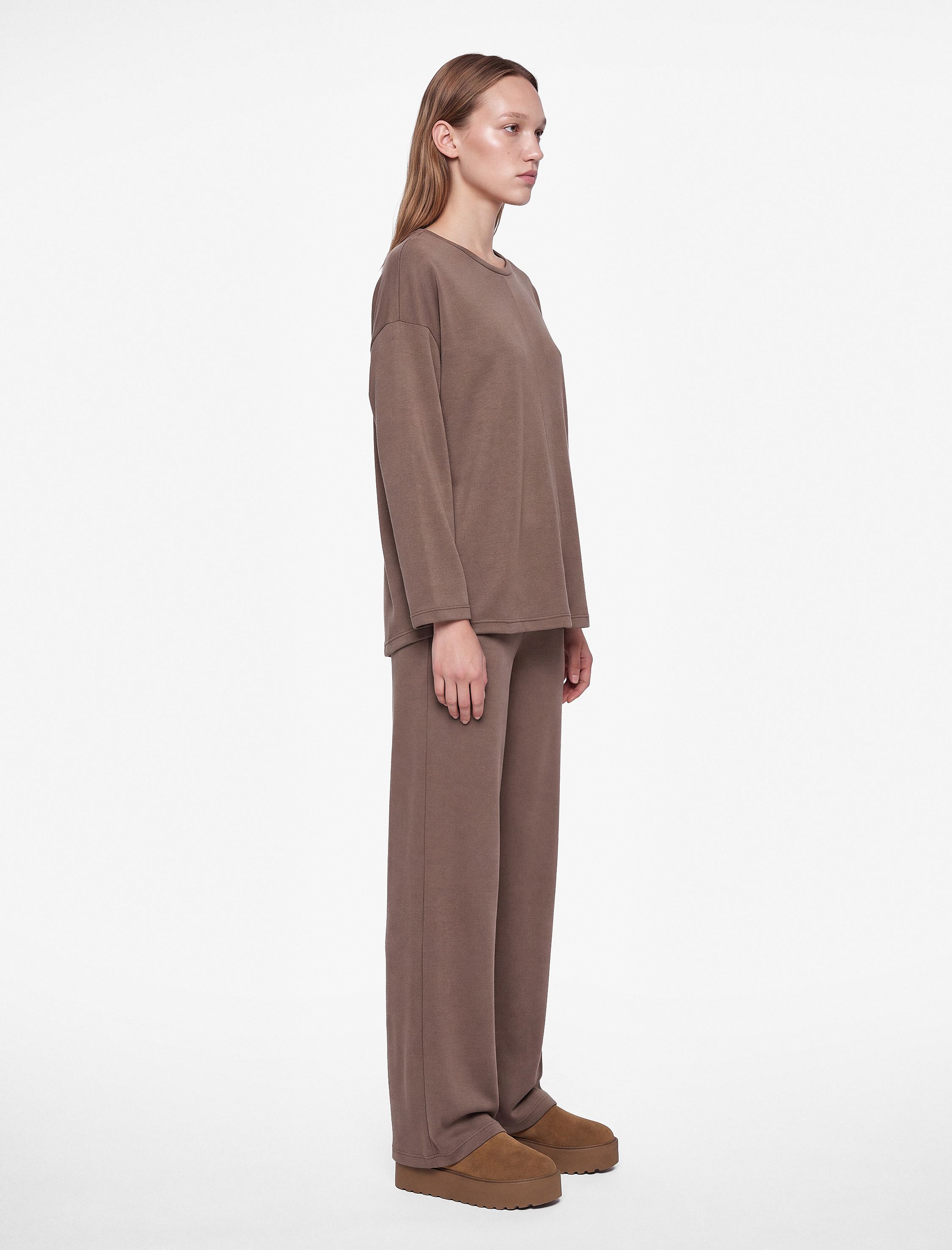   Viskon Karışımlı Uzun Kollu Bisiklet Yaka Pijama Üstü