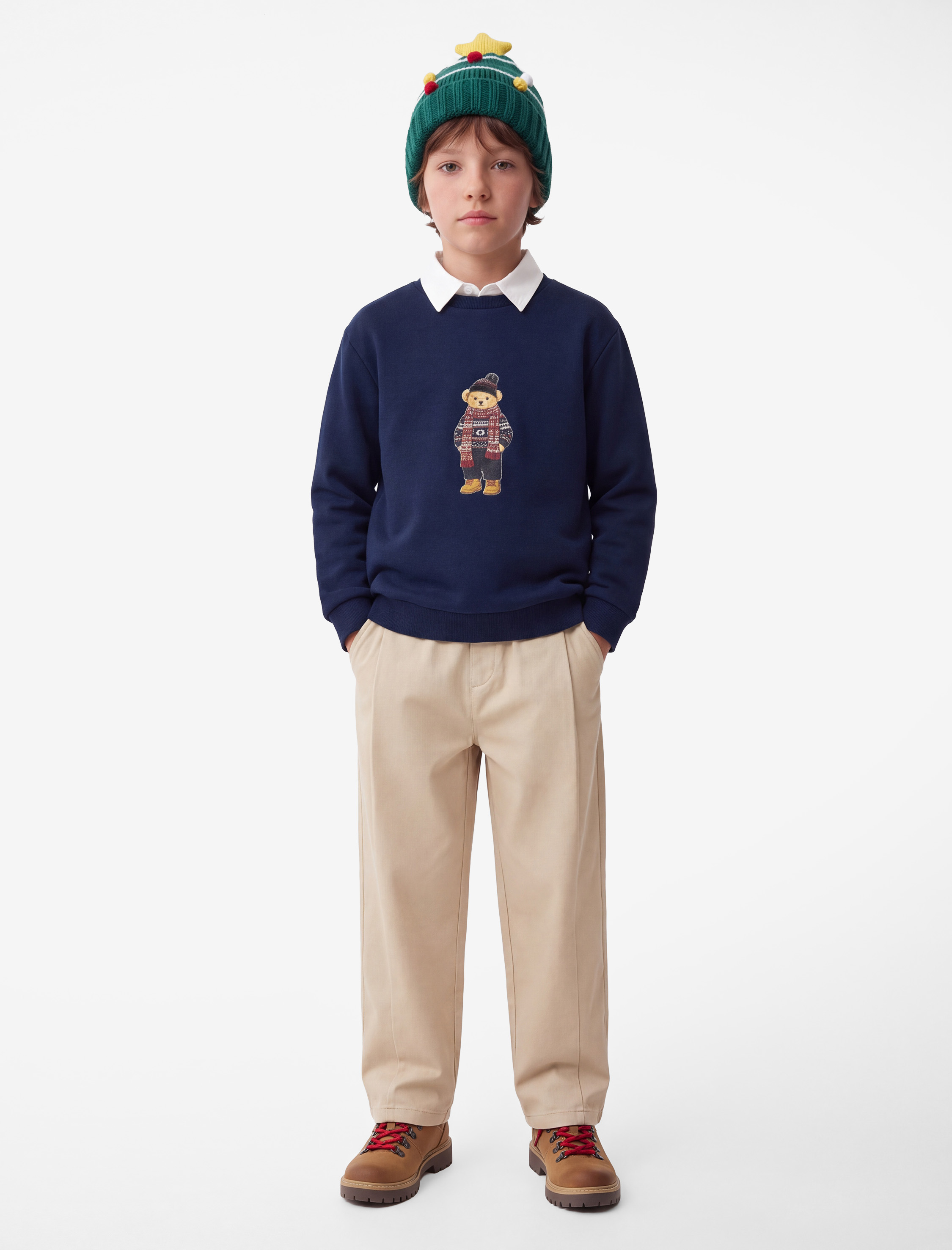  Erkek Çocuk Ayıcık Baskılı Pamuklu Uzun Kollu Yakalı Oversize Sweatshirt